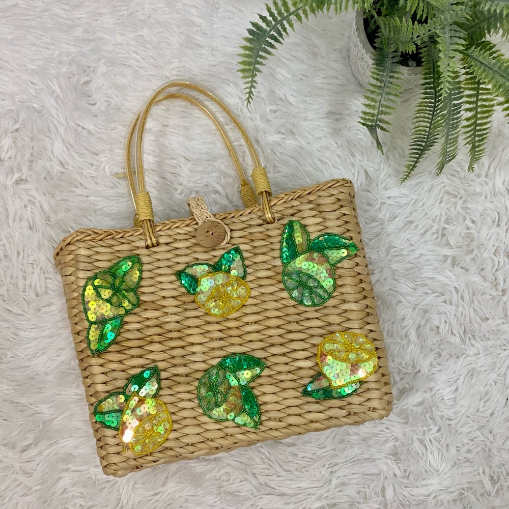 Straw Woven Lined Tote with Fruit Sequined  Accents